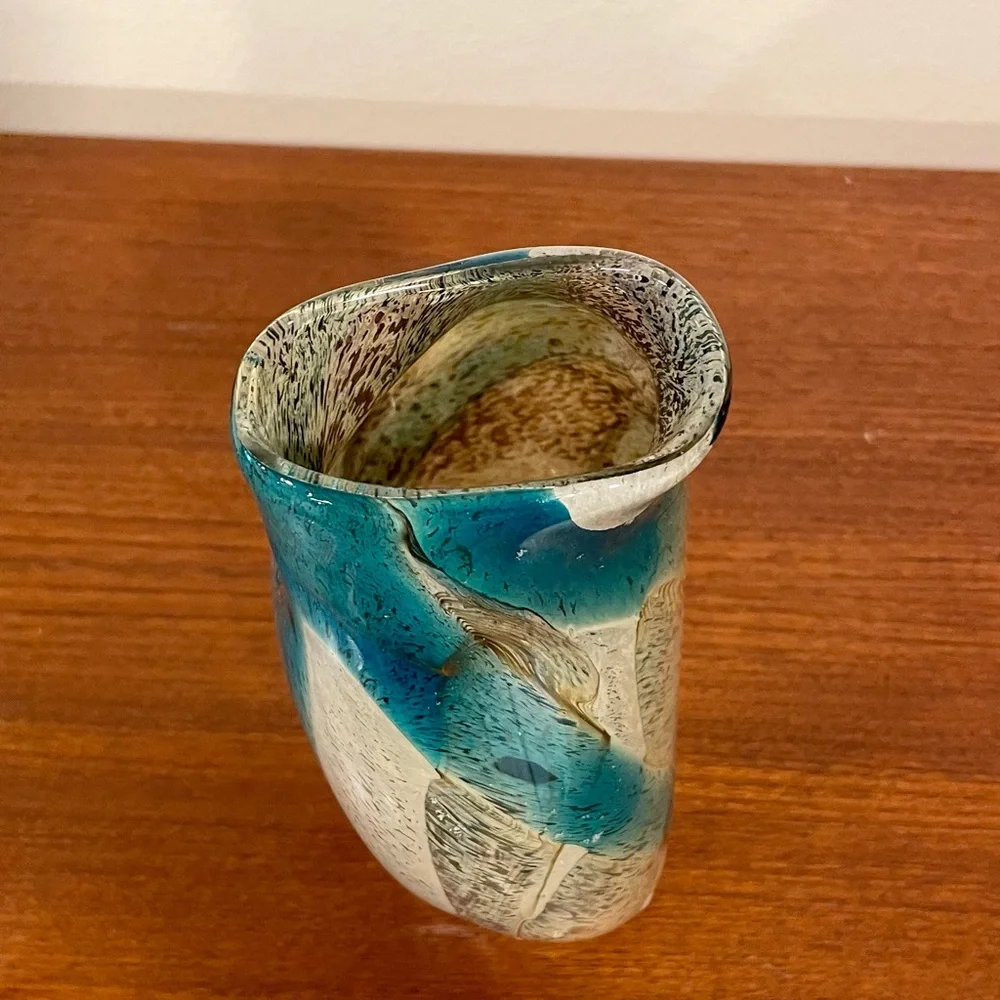 Signed MDINA Maltese Glass Vase M. Harris Tiger Pattern Sandy Brown Mid 1970's